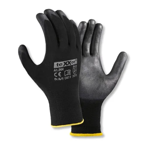 texxor 12 Stück Polyester-Strickhandschuhe 2404, PU beschichtet, Packung, schwarz, 9/L, Strickhandschuhe, Arbeitshandschuhe, Schutzhandschuhe