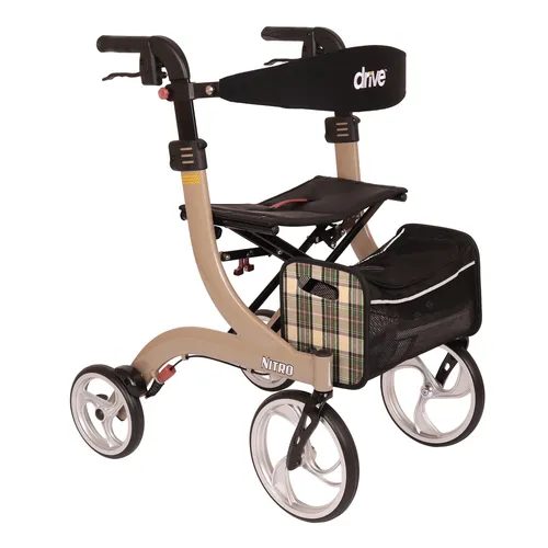 Drive Medical Rollator Nitro L Champagner - Faltbar und bis 130kg belastbar - Gehstock & Rollator, leichtgewichtiger Aluminium-Rollator mit nur 7,3kg, ideal für drinnen und draußen, max. Belastbarkeit 130kg.