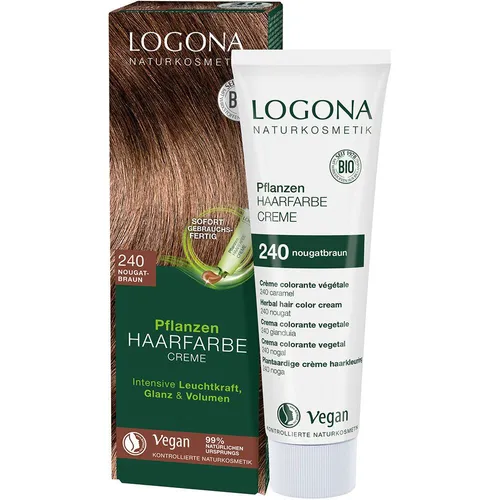 LOGONA Pflanzen-Haarfarbe Creme 240 Nougatbraun - Natürliche Pflanzenhaarfarbe für einen dezenten Braunton mit Rotschimmer. Die sofort anwendbare Color Creme sorgt für intensiven Glanz und gesundes Volumen – ideal für schnelle Ergebnisse ohne Vorbereitung.