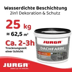 JURGA Dachfarbe Grau 25 kg - 2 in 1 Deko & Schutz - Die JURGA Dachfarbe vereint Dekoration und Schutz in einem, ideal für Innen- und Außenflächen. UV- und witterungsbeständig, hohe Elastizität und einfache Anwendung machen sie zur perfekten Wahl für Ihr Zuhause.
