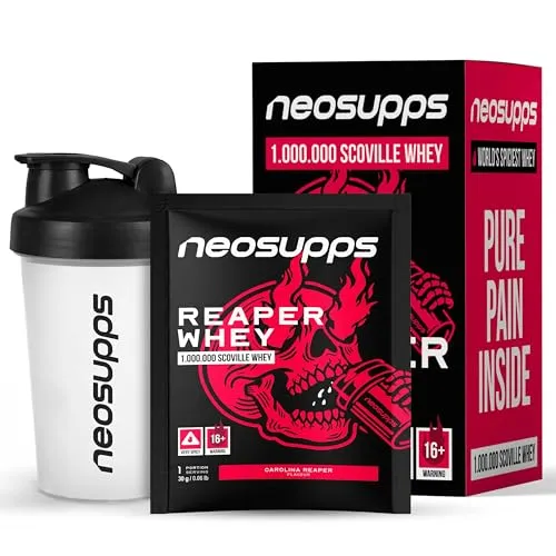 NEOSUPPS REAPER WHEY BOX, Protein Shake Challenge mit Carolina Reaper Whey 1.000.000 SCOVILLE, 20g Eiweiß, extrem scharfes Eiweiß Pulver Set mit Shaker, Shots und Challenge Inhalt für Training