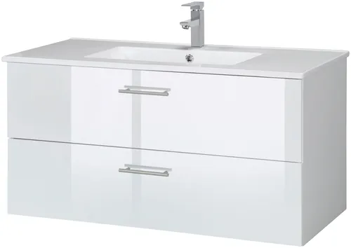 welltime Waschtisch Trento 100 cm - Badmöbel mit 2 Schubladen und hochwertigem Keramikwaschbecken, ideal für ein modernes Badezimmer. Einfach zu montieren und mit edlem Design in Weiß hochglanz.