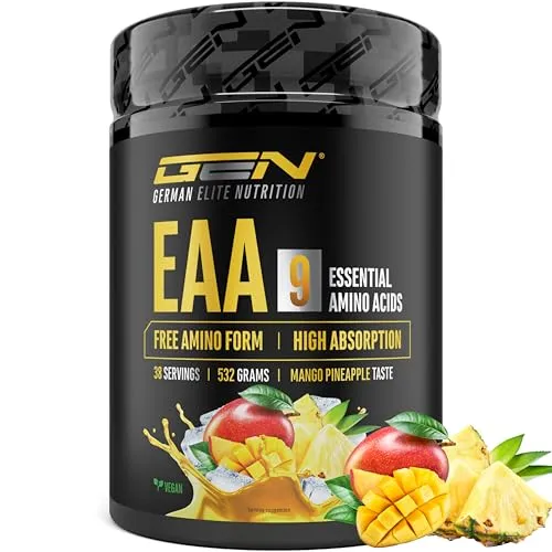 EAA + Histidin 3.0 - Mango Pineapple, 532 g Pulver - GEN EAA 3.0 – Ausgewogene Aminosäurenversorgung für sportlich Aktive. Ideal für Training, Regeneration und Diätphasen. Vegan, laktosefrei und glutenfrei.