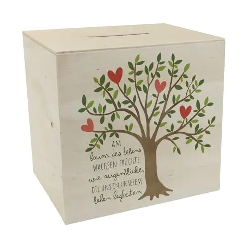Lebensbaum Spardose aus Holz mit Spruch Lebensbaum trägt Augenblicke als Früchte Symbol der Liebe Hochzeit Freundschaft Kommunion Konfirmation Familie