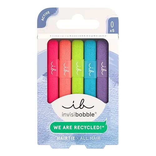 invisibobble HAIR TIE Neon Glow (5 Stück) – Haargummi Set aus recyceltem Material – Neonfarben für Mädchen & Damen – Kleines Haarband als Haarschmuck für Sport & Alltag – Stylisch & haltbar