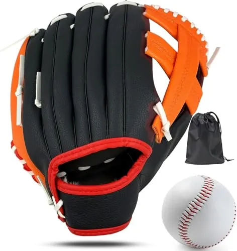 LeapBeast Baseball Handschuhe, Softball Handschuhe mit 1 Ball, Baseball Training Wettbewerb Handschuh Verdicken Dauerhaft Softballhandschuhe für Kinder Erwachsene (Orange Schwarz -B, 12,5 Zoll)