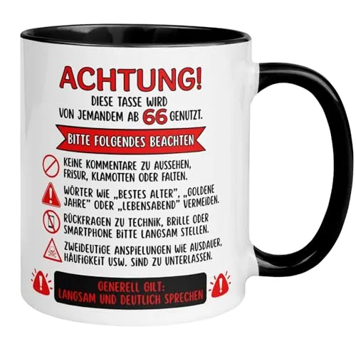 Geburtstag Männer Geschenk Tasse | Achtung – Diese Tasse wird von jemandem ab 66 genutzt | Lustige Geschenk Geburtstagstasse mit Spruch 66. Geburtstag | 66ter Geburtstag - Geburtstagsgeschenk Mann 66