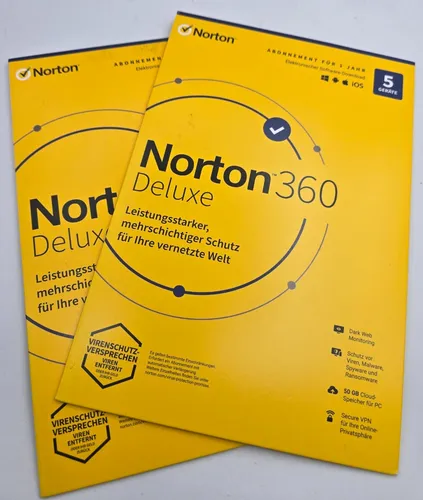 Norton 360 Deluxe für 5 Geräte - Umfassende Internet-Sicherheit für Mac und Windows mit 50 GB Cloud-Speicher und VPN. Ideal für den Schutz Ihrer digitalen Daten über ein Jahr.