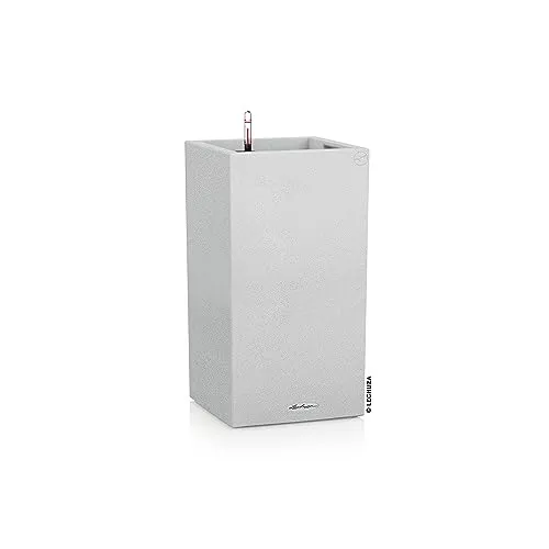 LECHUZA® Canto Stone Kunststoff-Topf, quadratisch, Weiß - Eleganter Pflanzentopf für Innen und Außen, mit wechselbarem Einsatz und Erd-Bewässerungssystem für müheloses Gärtnern.