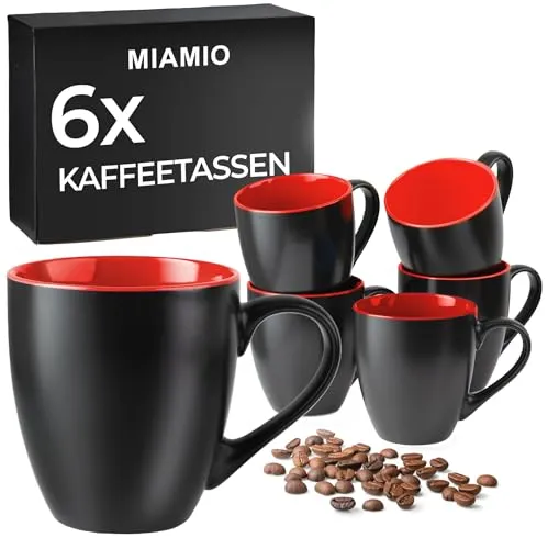 MiaMio Tasse Set 6 x 350 ml - Kaffeetassen Außen Schwarz Innen Rot - 6-teiliges Tassen Set, stilvolles Design mit schwarzem Außen und leuchtend rotem Innen, perfekt für Kaffeeliebhaber.