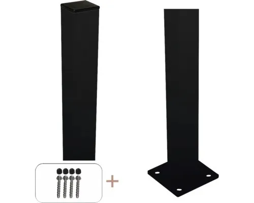 Stahlpfosten PLUS mit Sockel und Schrauben, 4,5 x 4,5 cm - Robuster Zaunpfosten in Schwarz aus hochwertigem Metall, ideal für stabile Zaunlösungen und einfache Installation.