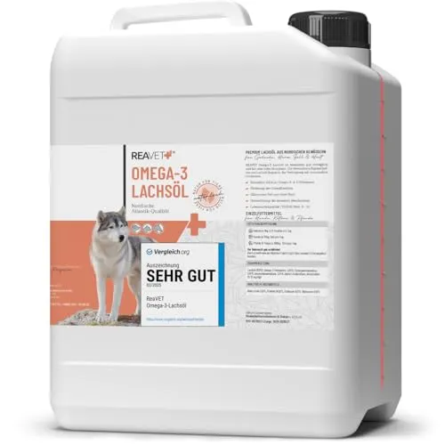 ReaVET Lachsöl für Hunde & Pferde 5L – Hochdosiert mit Omega 3 & 6 - Fischöl für Hunde – Reich an Omega-3 (17,6%) für glänzendes Fell und vitale Haut. Ideal für alle Rassen und Altersgruppen, 100% natürlich und ohne Zusätze.