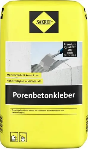 SAKRET Porenbetonkleber 10 kg - Fliesenkleber & Baukleber, ideal für die Verarbeitung von Porenbetonsteinen und sorgt für eine starke und dauerhafte Haftung.