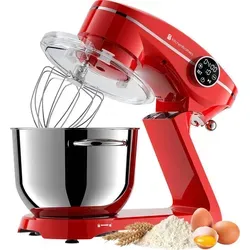 KitchenBrothers Küchenroboter mit Touch-Display und Timer - 6,2L - 1800W - Rot - Leistungsstarker Küchenroboter mit 1800W Motor und 10 Geschwindigkeitsstufen. Ideal für das einfache Zubereiten von Teigen und Saucen. Das elegante Aluminiumgehäuse und die 6,2L Edelstahlschüssel machen ihn zum Blickfang in jeder Küche.