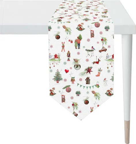 Apelt Tischband "6200 WINTERWELT" – Bunter Weihnachts-Tischläufer 32x175cm - Frohes Winterwelt-Motiv für festliche Tischdekoration. Dieser sechseckige Tischläufer schafft eine einladende Atmosphäre und ist ideal für die Weihnachtszeit. Waschbar bei 30°C, aus 70% Polyester und 30% Baumwolle.