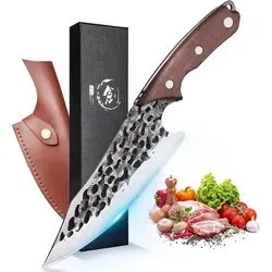 DRAGON RIOT Kochmesser - Profi Japanisches Messer für Grillliebhaber - Grillzubehör: Handgeschmiedetes Kochmesser mit ultra-scharfer 16° V-förmiger Klinge und tragbarer Lederscheide für den perfekten Transport. Ideal für müheloses Schneiden von Fleisch und Gemüse.