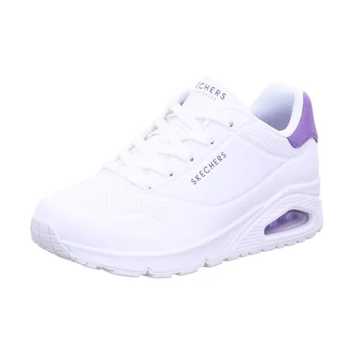 Skechers Damen Uno Pop Back Sneakers in Weiß mit Lila Akzenten, 38 EU - Stylische Sneakers mit 3,8 cm Absatzhöhe und flexibler Gummisohle. Ideal für den Alltag, bieten sie Komfort und ein modernes Design.
