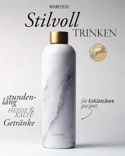 MAMEIDO Edelstahl Trinkflasche 750ml - Auslaufsicher & Kohlensäure geeignet - Thermosflasche für 12h heiße und 24h kalte Getränke, BPA-frei und ideal für Sport und Alltag - Stilvolles und individuelles Design in White Marble Gold.