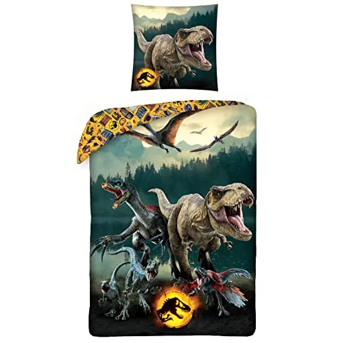 MTOnlinehandel Jurassic World Dinosaurier Bettwäsche für Kinder - Bettwaren-Set mit T-Rex Design, bestehend aus 1 Kissenbezug und 1 Bettbezug aus 100% Baumwolle, ideal zum Kuscheln und Träumen für kleine Dinosaurier-Fans.
