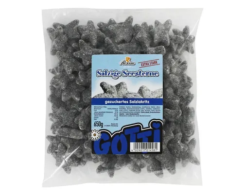 Rexim Salzige Seesterne 650g - Fruchtgummis mit extra starkem Lakritzgeschmack, ideal für Erwachsene. Perfekt zum Teilen bei gemütlichen Abenden oder unterwegs. Genießen Sie den salzigen Knabberspaß!