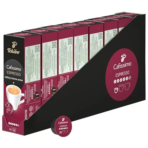 Tchibo Cafissimo Vorratsbox Espresso kräftig – 80 Kaffeekapseln - Kaffee, 80 Kapseln (8x10) mit intensivem Geschmack, aus 100% nachhaltigem Anbau und recyclebar für umweltbewusste Genießer.