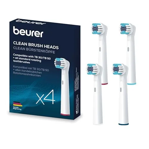 Beurer TB 30/50 Aufsteckbürsten für elektrische Zahnbürste, Oral-B kompatible Bürstenköpfe, Clean, 4 Stück, weiße Ersatzbürsten