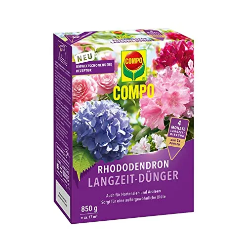 COMPO Rhododendron Langzeit-Dünger 850g - Effektiver Spezial-Dünger für Moorbeetpflanzen mit bis zu 4 Monaten Langzeitwirkung. Einfache Anwendung für gesunde Pflanzen und intensive Farben.