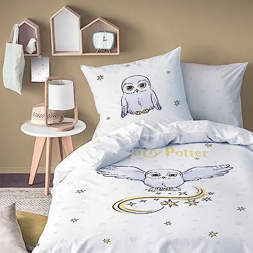 Harry Potter Bettwäsche Set mit Eule Hedwig - Bettwaren-Set für Kinder in stilvollem Harry Potter Design, 100% Baumwolle für langanhaltenden Komfort und eine magische Atmosphäre im Kinderzimmer.