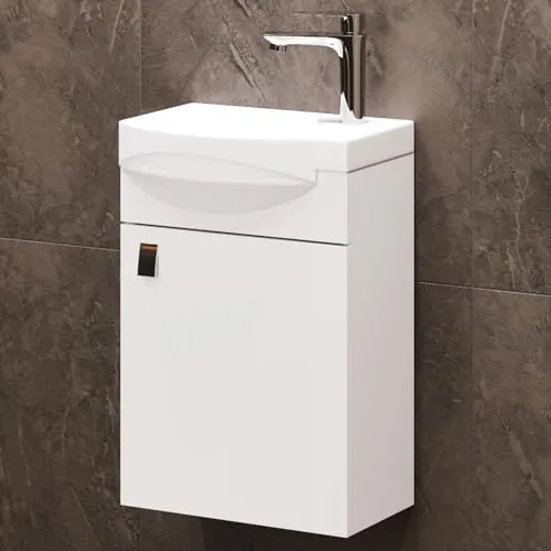 Kompakter Waschtischunterschrank 40cm weiß mit Keramikbecken - Waschbeckenunterschrank – Platzsparendes Design mit Soft-Close-Türen und feuchtigkeitsresistenter Melaminbeschichtung für langlebige Qualität in kleinen Bädern.