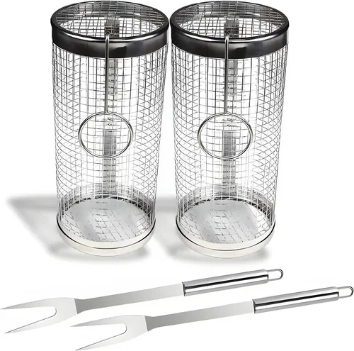 AVOID Rollender Grillkorb Edelstahl – BBQ Grillkorb Set rund & zylindrisch – Grillzubehör für Fleisch Fisch Gemüse – Spülmaschinengeeignetes Grillkorb Geschenke für Männer (Silber, 20x10cm)