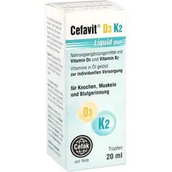 Cefavit D3 K2 Liquid Pur 20 ML - Nahrungsergänzungsmittel mit geschmacksneutralen Tropfen, ideal für die Unterstützung von Vitamin D und K, vegan und glutenfrei, reicht für bis zu 6 Monate bei täglicher Einnahme.