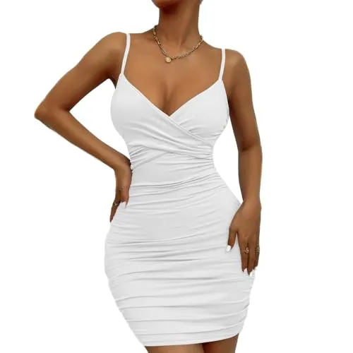 BKEPDY Damen Sexy Kleid Bodycon Ohne Ärmel Minikleid Bodycon Partykleid Tiefer V-Ausschnitt Elegant Bleistiftkleid Cocktailkleid Spaghettiträger Sommerkleid Club Oberteile