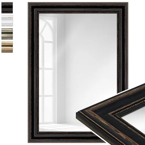 WANDStyle Wandspiegel H550, Antik Schwarz, 70 cm x 50 cm - Eleganter Wandspiegel im Antik Stil aus hochwertigem Kiefernholz. Ideal für stilvolle Räume und eine schöne Raumgestaltung. Made in Germany mit nachhaltigen Materialien.