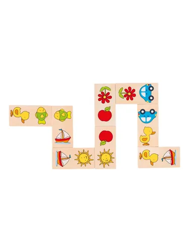 Goki Holz-Domino - Das Holz-Domino-Spiel enthält 28 bunte Dominosteine mit lebhaften Illustrationen von Alltagsgegenständen. Fördert das Erkennen und Zuordnen von Bildern spielerisch.