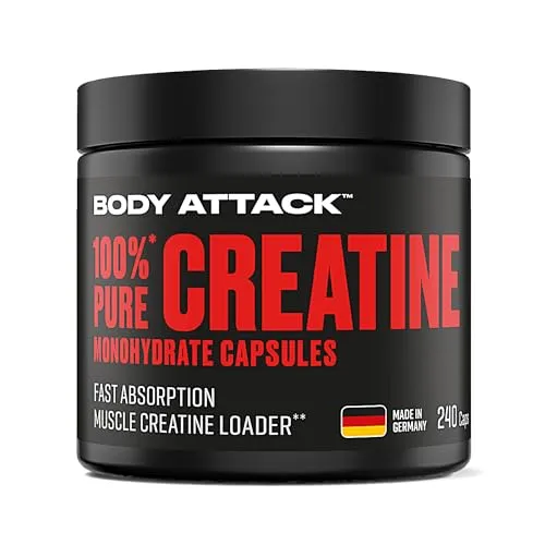 Body Attack 100% Pure Creatine Caps - 240 Kapseln - Sportnahrung: Hochwertiges Creatin Monohydrat in praktischen Kapseln, ideal für unterwegs – kein Anrühren nötig!