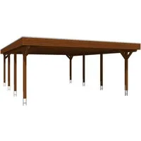 Skan Holz Carport Spessart 611 x 846 cm Nuss - Carport aus Leimholz, wetterfest verleimt und bietet hohe Stabilität. Aluminium-Dachplatten sind bruchsicher und hagelbeständig. Ideal für den Schutz Ihres Fahrzeugs.