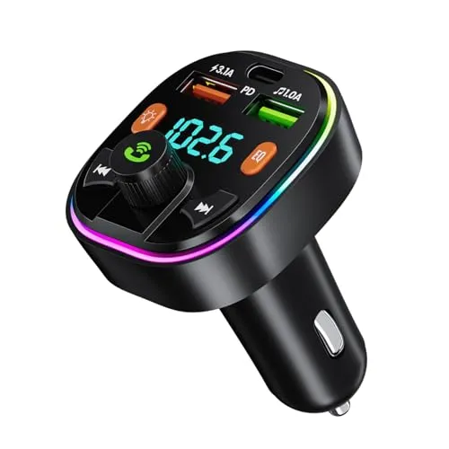 GlasFlength FM Transmitter Auto Bluetooth, Auto Radio Adapter Autoladegerät mit Freisprecheinrichtung PD 20W & Typ-C QC 3.0 Bass & Hi-Fi Stereo Schnellladung mit Blauem Umgebungslicht
