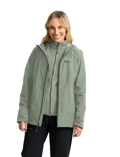 Jack Wolfskin Damen Moonrise 3in1 Jkt W, Mint Leaf, M EU - Funktionsjacke, 3-in-1-Design mit wärmender Fleece-Innenjacke, wasserdicht, winddicht und atmungsaktiv aus recycelten Materialien.