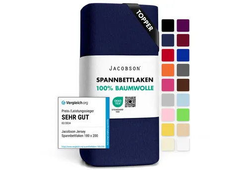 Jacobson Spannbettlaken TOPPER aus 100% Baumwolle, Jersey Bettlaken 160 g/m², Spannbetttuch mit Gummizug, pflegeleicht & viele Farben