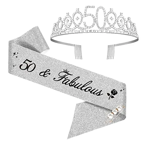50. Geburtstags Tiara, 50 & Fabulous Geburtstags-Krone Schärpe Set, 50 geburtstag deko, geschenke zum 50 geburtstag frau (Silber)