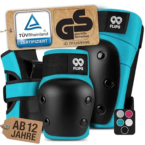 99FLIPS Protektoren-Set DIVE für Erwachsene - 6-teiliges Protektoren Set für Skateboard, Inline Skates und Longboard, atmungsaktive Hartschalen-Protektoren in Hellblau für optimalen Schutz und Komfort beim Fahren.