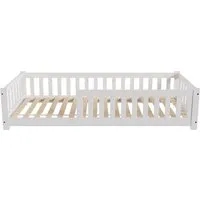 Juskys Kinderbett Naya - 90x200 cm mit Rausfallschutz - Stilvolles Holz-Bodenbett für Kinder von 3-10 Jahren, bietet Sicherheit durch Rausfallschutz und fördert Selbstständigkeit. Inklusive stabilen Lattenrost für gemütliche Gute-Nacht-Geschichten.