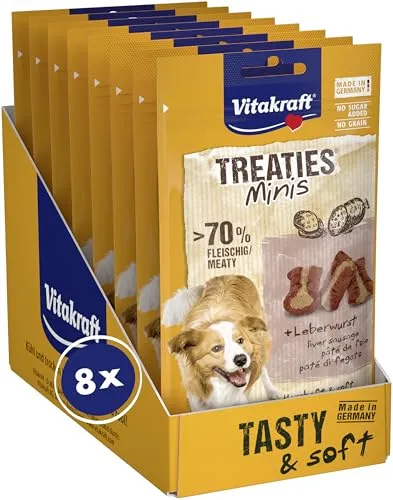 Vitakraft Treaties Minis, Hundeleckerli, weicher Hundesnack gefüllt mit Leberwurst, Hunde Trainingsleckerli, ohne Zusatz von Zucker (8X 48g)