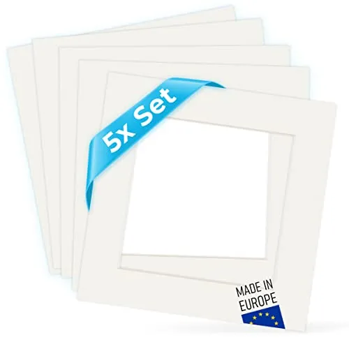 PHOTOLINI Passepartout 15x15 aussen für 10x10 innen, 5X säurefrei 1,5 mm Passepartout Karton Creme-Weiß, alterungsbeständige Schrägschnitt - Passepartouts, Präsentation & Schutz von Bildern und Fotos