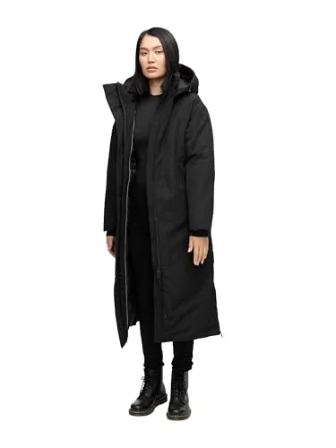 Navahoo Damen Mantel mit Rucksackträgern – Winterjacke für eisige Tage in Schwarz, Gr. XS - Dieser minimalistische Oversize-Wintermantel bietet maximalen Schutz und Wärme bei frostigen Temperaturen. Mit verstellbarer Kapuze und praktischen Taschen ist er der perfekte Begleiter für kalte Wintertage.