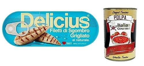 Delicius Filetti di Sgombro Grigliati al Naturale,Natürliche Gegrillte Makrelenfilets,reich an Omega 3,Hochwertiger Blauer Fisch,110g Dose + Italian Gourmet Polpa di Pomodoro 400g Dose