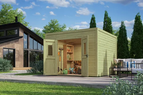 Lasita Maja Gartenhaus FELIX 3 - 300 x 300 cm, 28 mm Bohlen - Gartenhaus mit 28 mm Wandstärke, ideal für die Lagerung von Gartengeräten und als gemütlicher Rückzugsort im Garten.