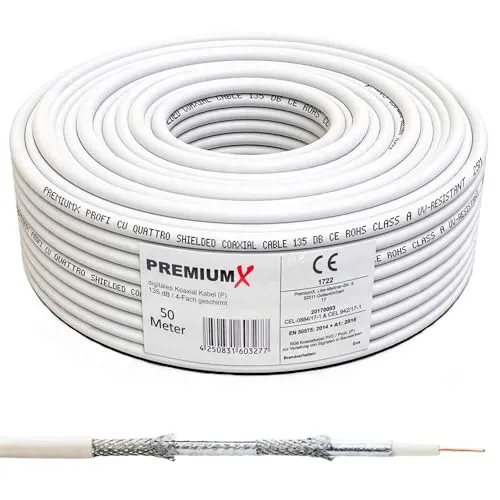 Premium X 50m PROFI Koaxialkabel KUPFER 135dB - HiFi-Kabel für optimale Signalübertragung - Vollkupfer-Innenleiter für beste Qualität bei Sat-Anlagen und Kabelfernsehen.