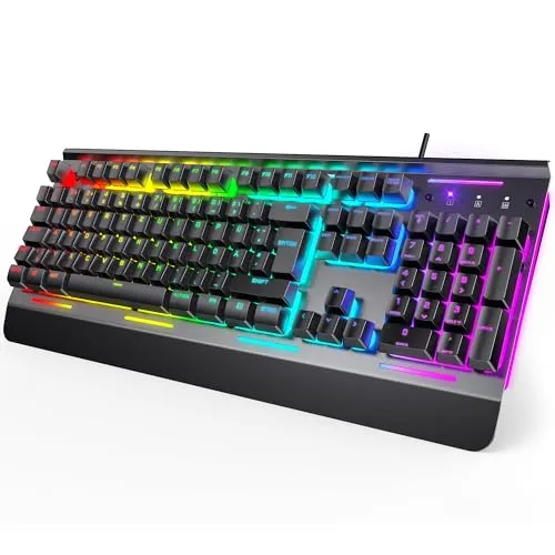 TECKNET RGB Gaming Tastatur mit Vollmetall-Gehäuse, Membrantastatur [Deutsches Layout] 105 Tasten, ergonomische Handgelenkauflage, 25 Tasten Anti-Ghosting, 15 RGB-Modi für PC, Laptop & Office