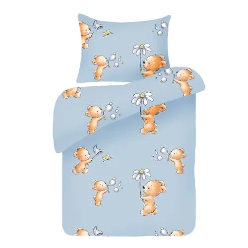 Bestlivings Kinder Bettwäsche 2-TLG (100x135cm / 40x60cm) Bettdecken Set, 100% Baumwolle - Babybettwäsche mit Motiv - Bärchen Blau